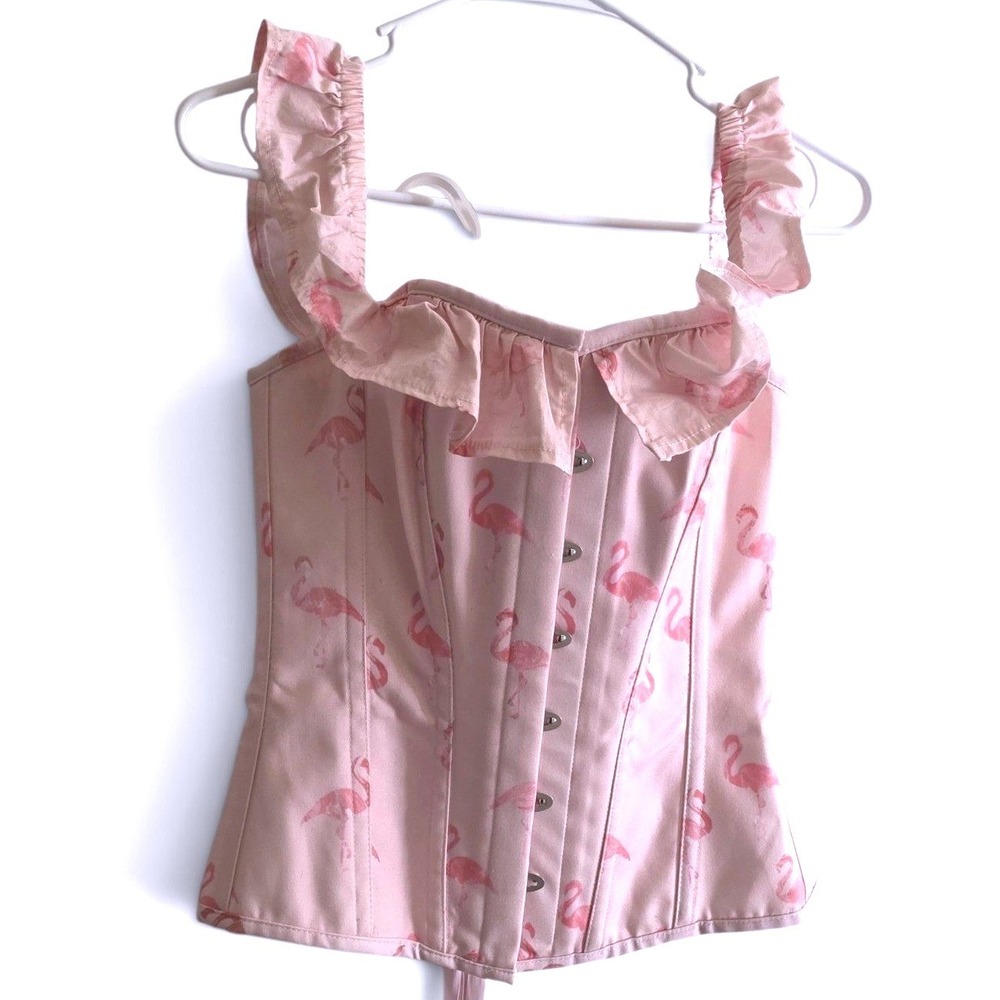 Corset Story Pink Flamingo Ruffle Strap Steel Boned Corset Top UK14/US10 M/L